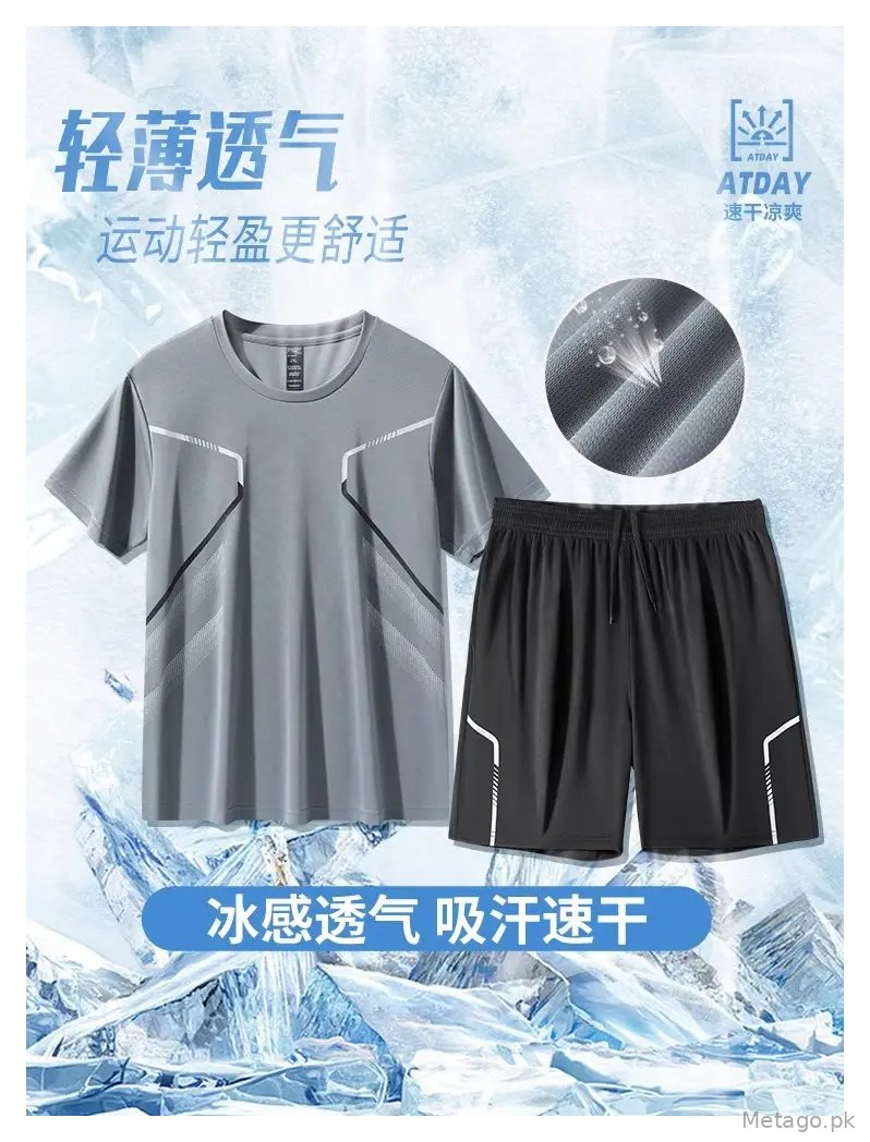 Cross-Border Sportswear Set for Men, Running Short-Sleeved Ice Silk Summer Quick-Drying Clothing, Basketball Clothing, Badminton Fitness Clothing, Shorts