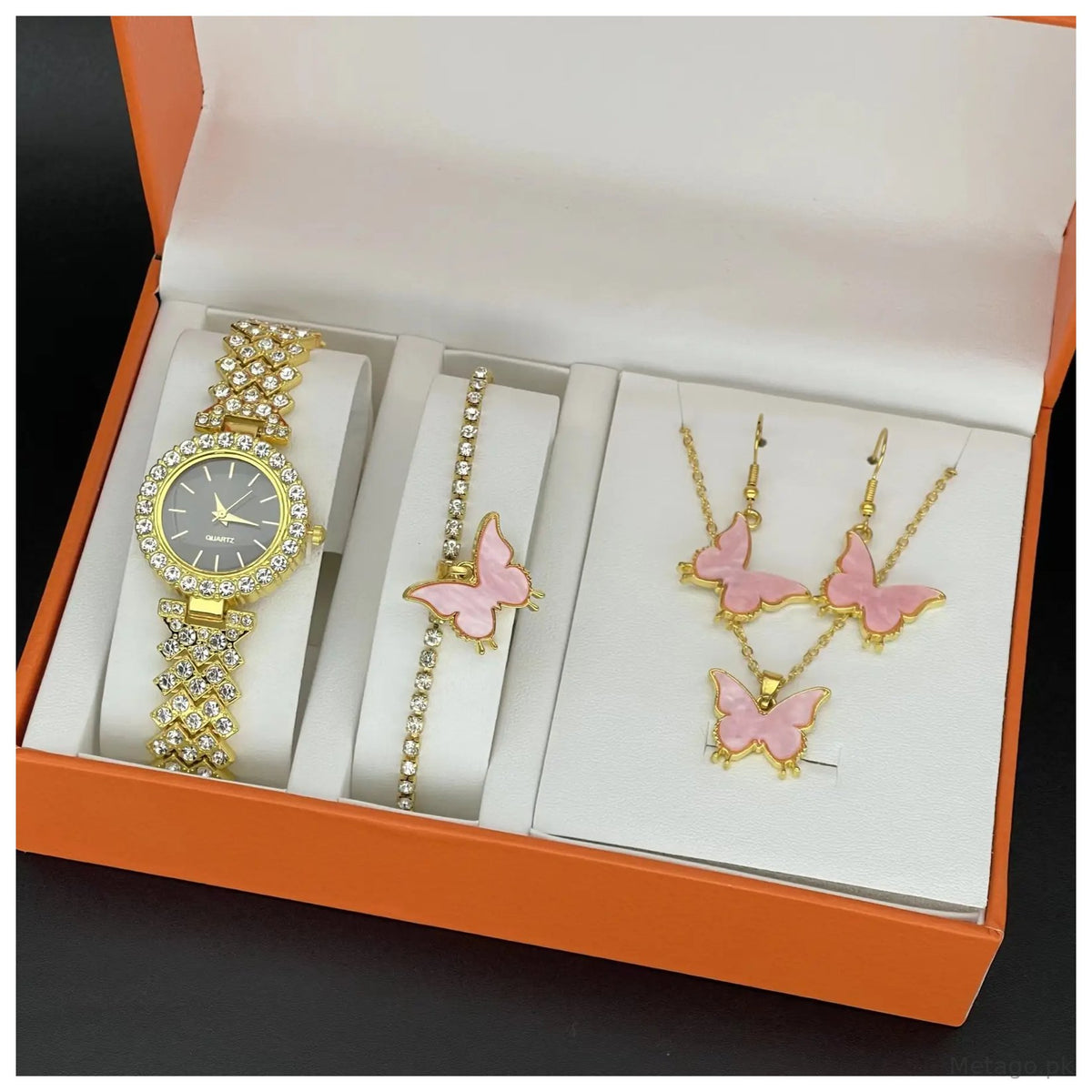 Elegant Pink Butterfly Watch & Earrings Set for Women