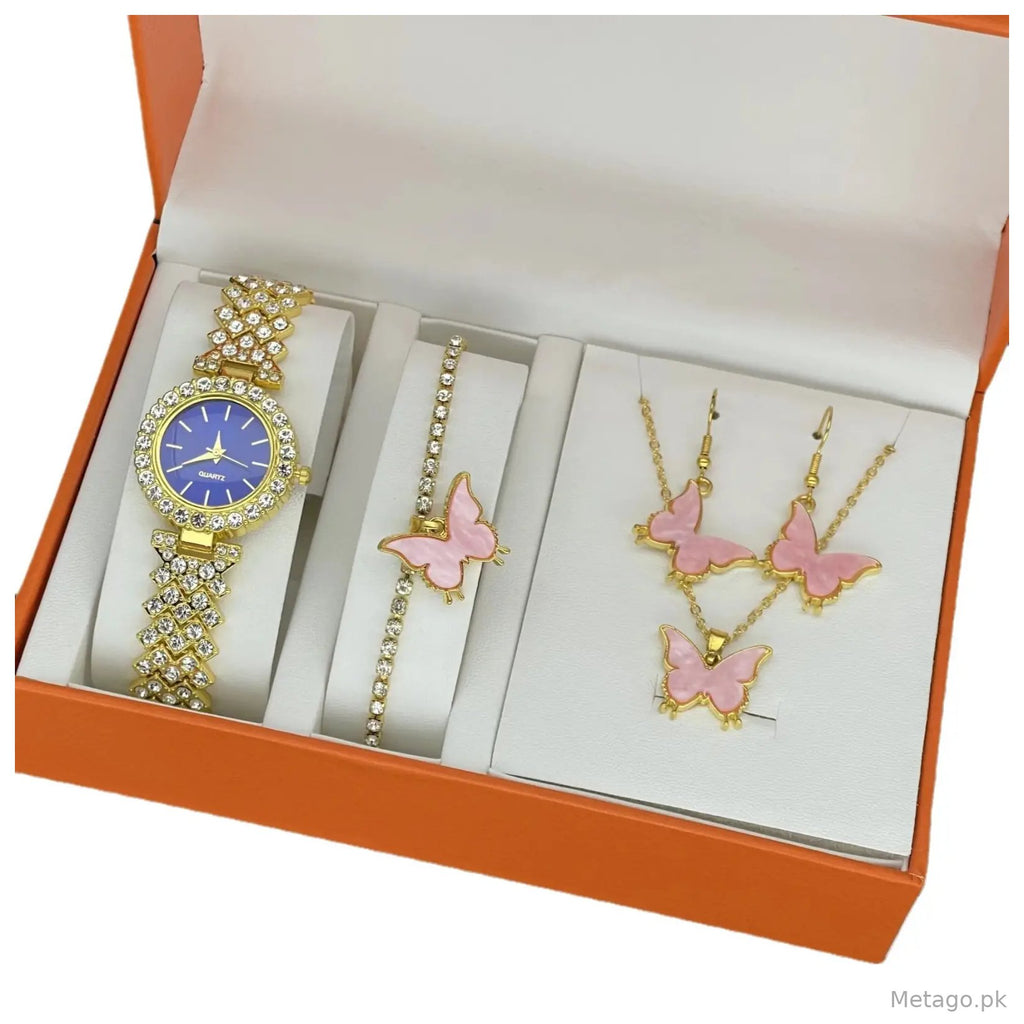 Elegant Pink Butterfly Watch & Earrings Set for Women