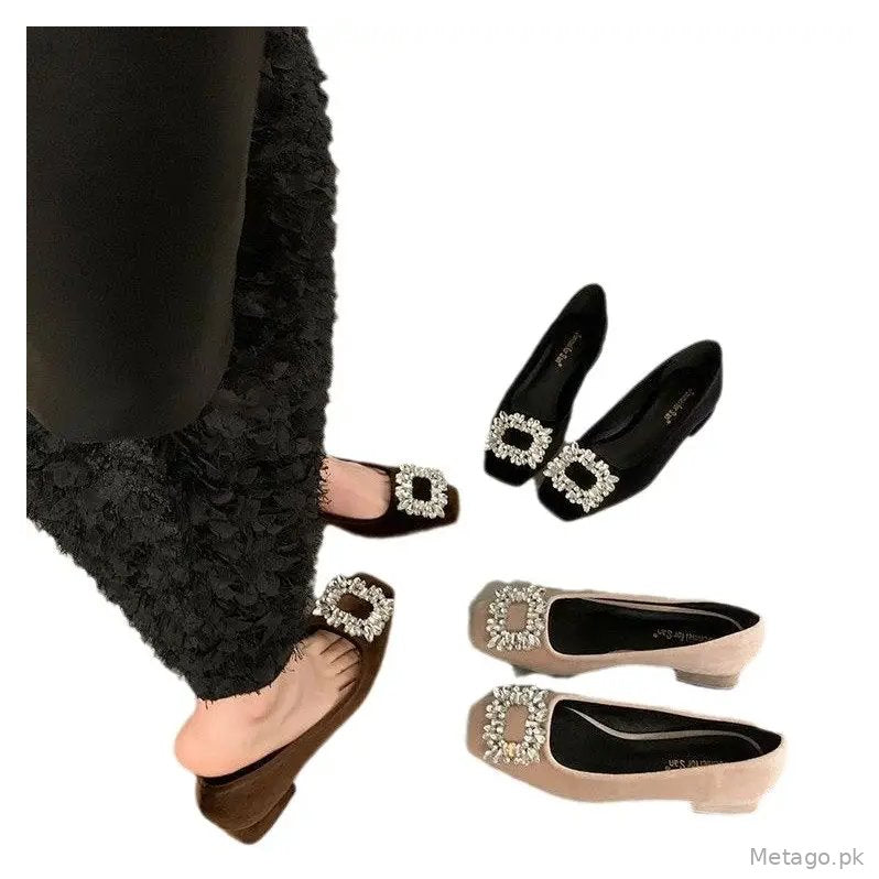 High-End Rhinestone Shallow Mouth Flats for Women, Elegant 2025 Autumn New Versatile Square Toe Flat Loafers