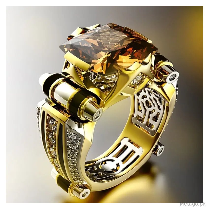 Huajie Luxurious Gold Zircon Ring with Black Stone & Crystal Accents