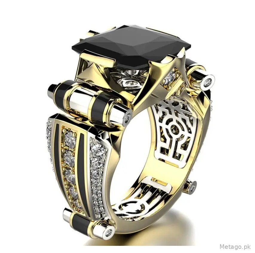 Huajie Luxurious Gold Zircon Ring with Black Stone & Crystal Accents