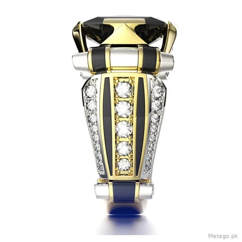 Huajie Luxurious Gold Zircon Ring with Black Stone & Crystal Accents