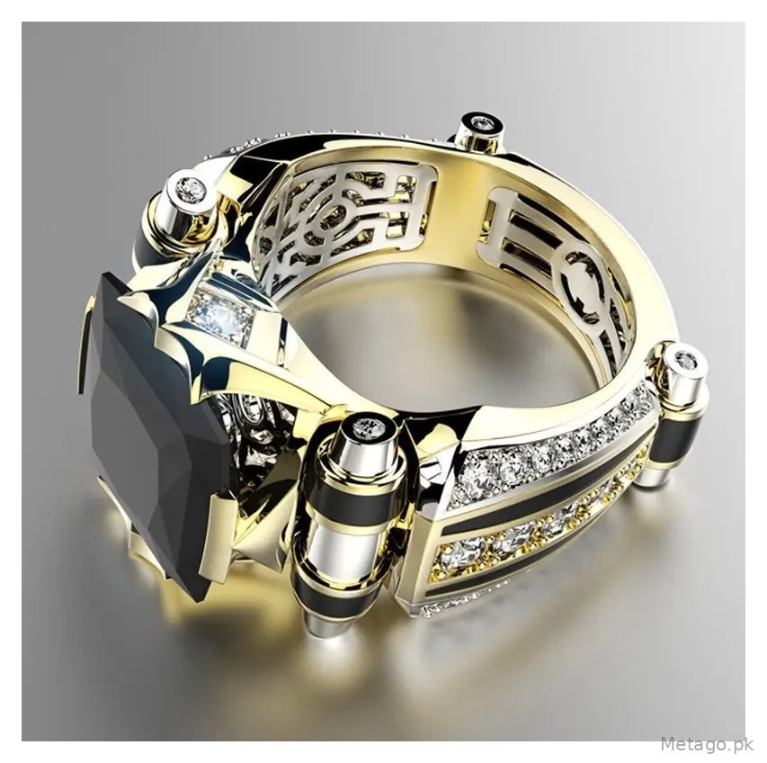 Huajie Luxurious Gold Zircon Ring with Black Stone & Crystal Accents