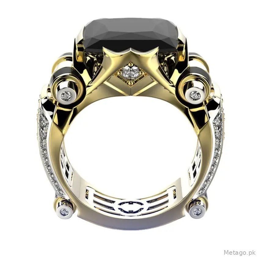 Huajie Luxurious Gold Zircon Ring with Black Stone & Crystal Accents