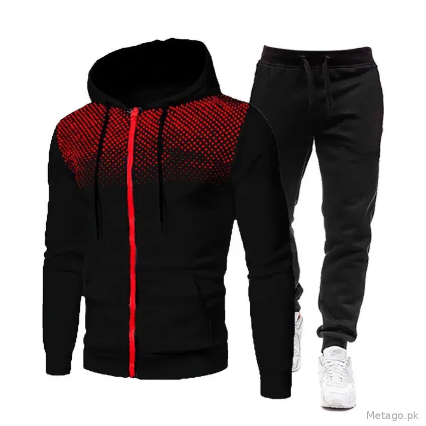 Men's Black Red Zipper Hoodie & Pants Set Fall Winter Fleece