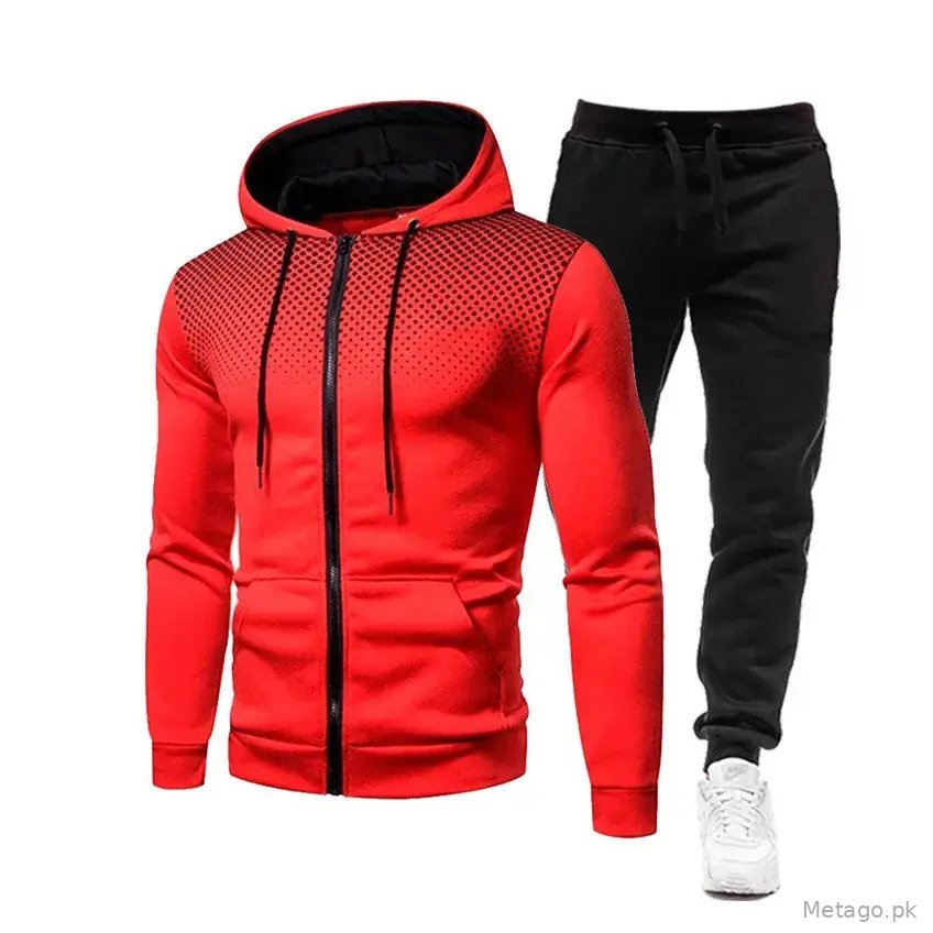 Men's Black Red Zipper Hoodie & Pants Set Fall Winter Fleece