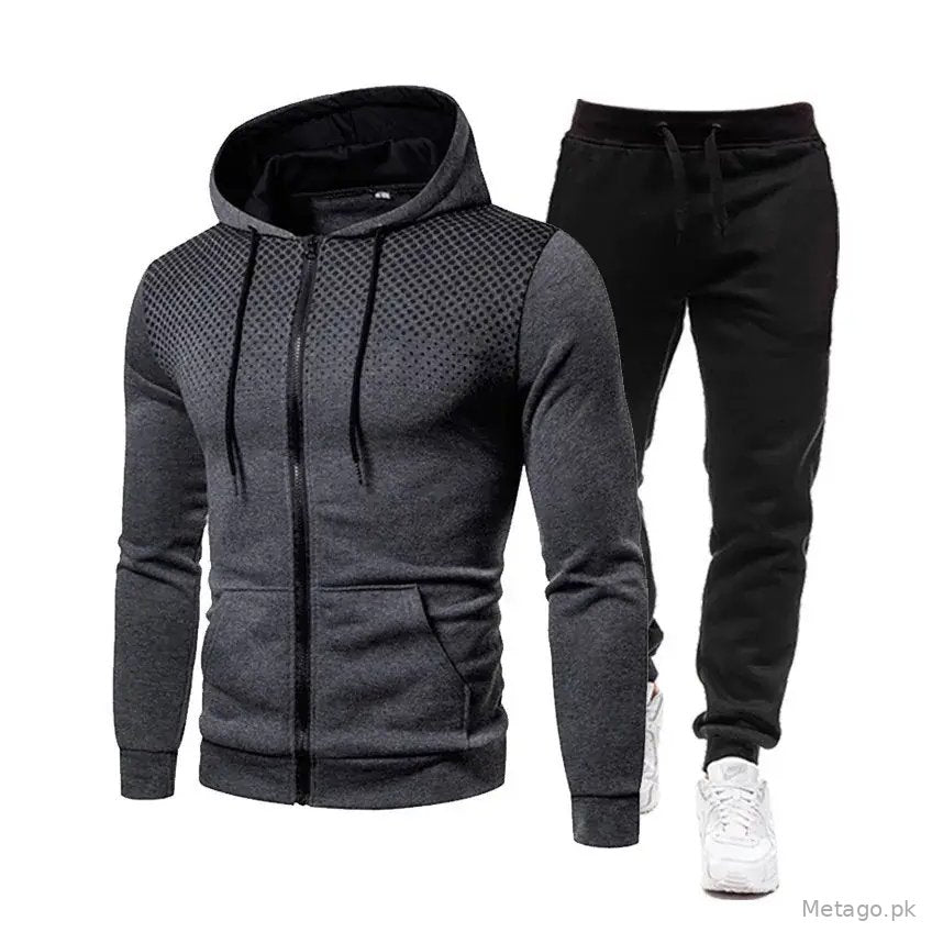 Men's Black Red Zipper Hoodie & Pants Set Fall Winter Fleece