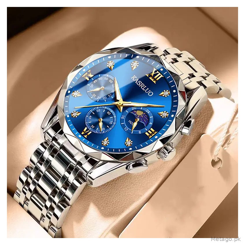 Men's Blue Dial Waterproof Watch with 3 Subdials