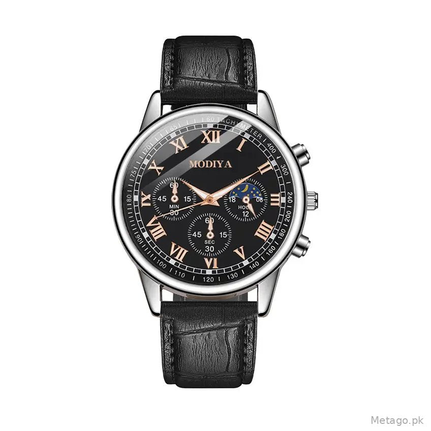 Men's Chronograph Watch Black Leather Band Quartz Movement