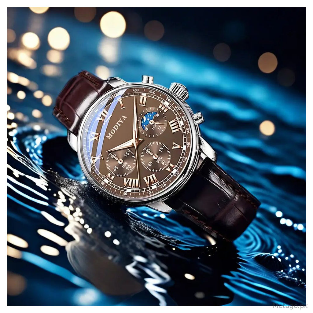 Men's Chronograph Watch Black Leather Band Quartz Movement