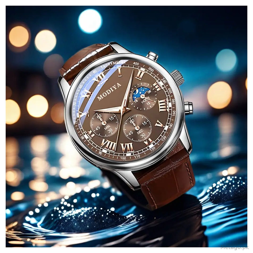 Men's Chronograph Watch Black Leather Band Quartz Movement