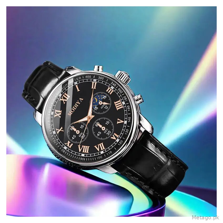 Men's Chronograph Watch Black Leather Band Quartz Movement