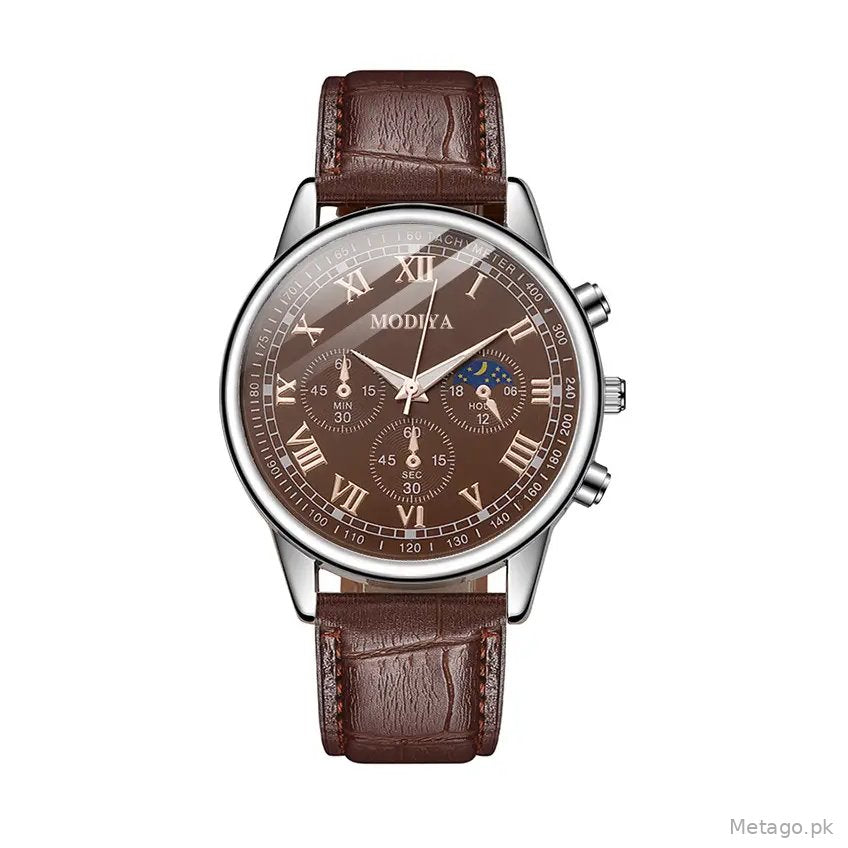 Men's Chronograph Watch Black Leather Band Quartz Movement
