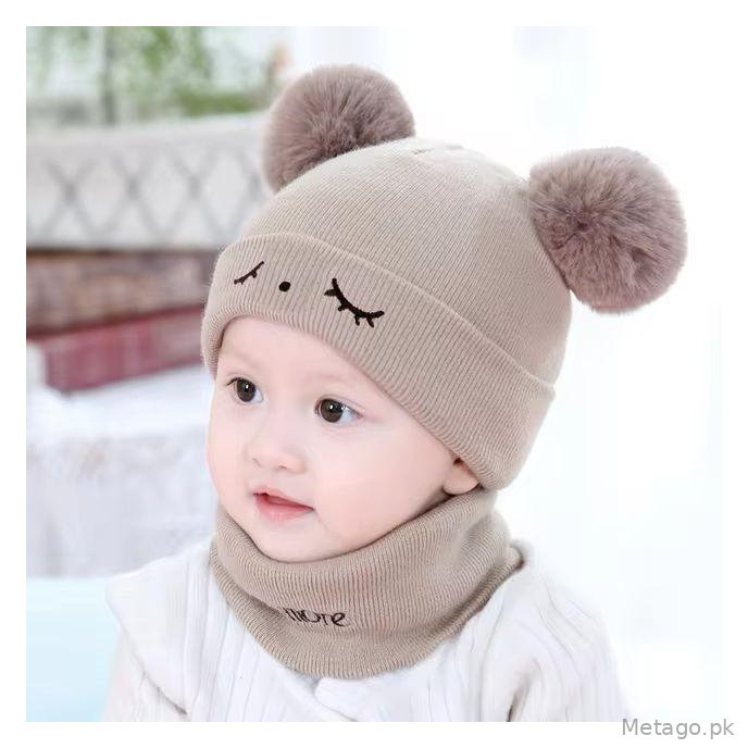 Wool Cap & Neck Warmer Set for Kids 1-5 Brown