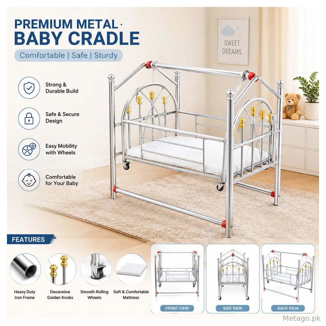 Premium Stainless Steel Baby Swing Cradle | Newborn Baby Jhoola with Wheels | Portable Baby Cot | Baby Bassinet Bed | Heavy Duty Infant Swing | Silver Baby Cradle Pakistan