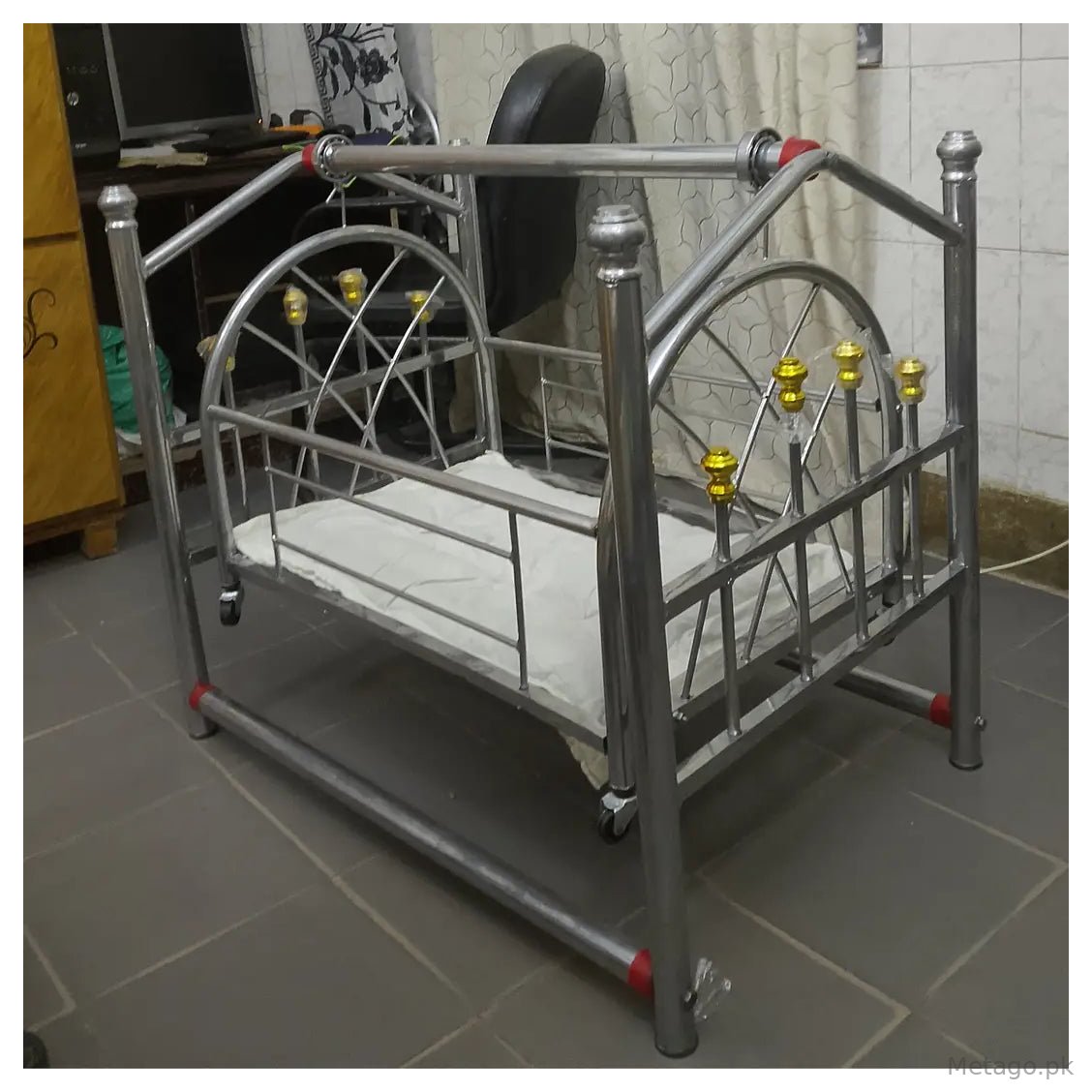 Premium Stainless Steel Baby Swing Cradle | Newborn Baby Jhoola with Wheels | Portable Baby Cot | Baby Bassinet Bed | Heavy Duty Infant Swing | Silver Baby Cradle Pakistan