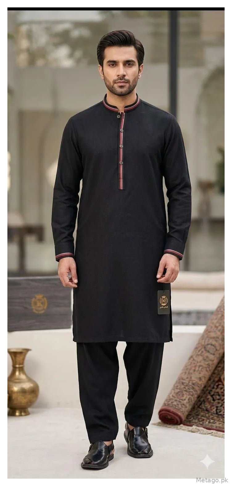 Black Khaddar Men's Suit with 8 Buttons
