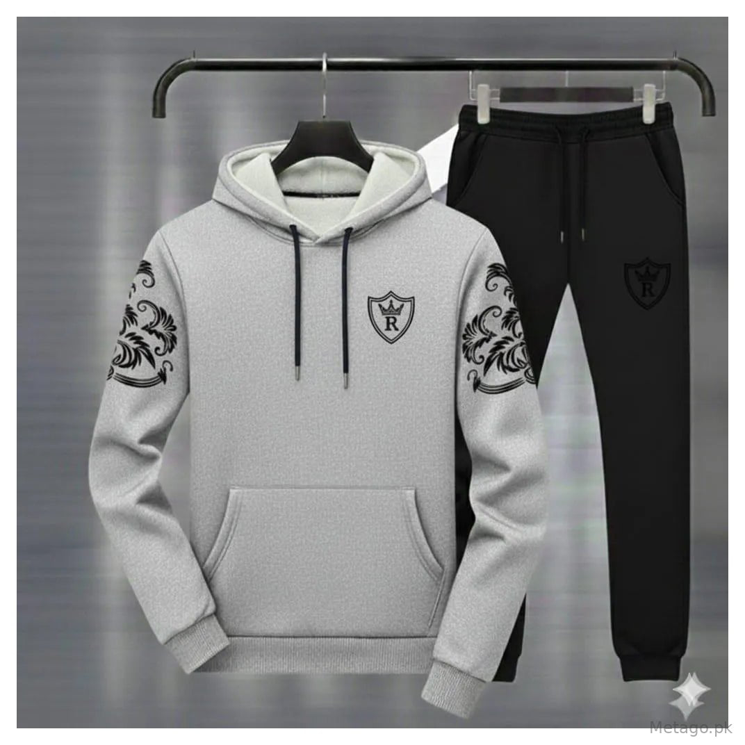 Men Grey Black Royal Crest Hoodie Track Suit Winter Fleece