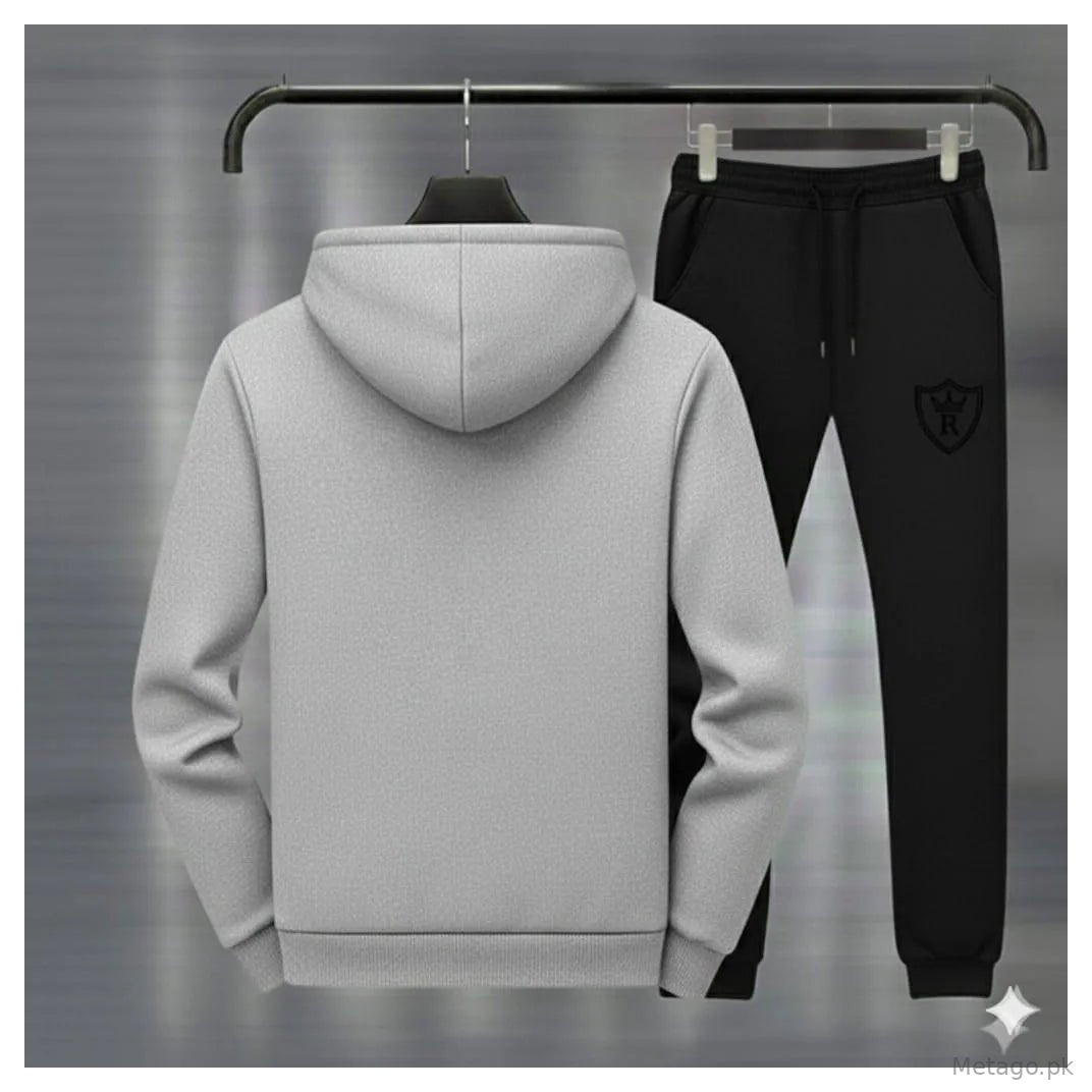 Men Grey Black Royal Crest Hoodie Track Suit Winter Fleece