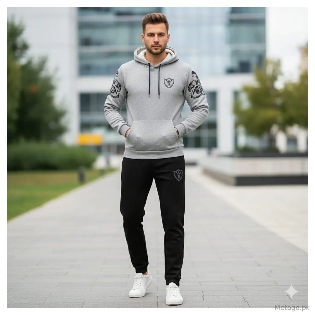 Men Grey Black Royal Crest Hoodie Track Suit Winter Fleece