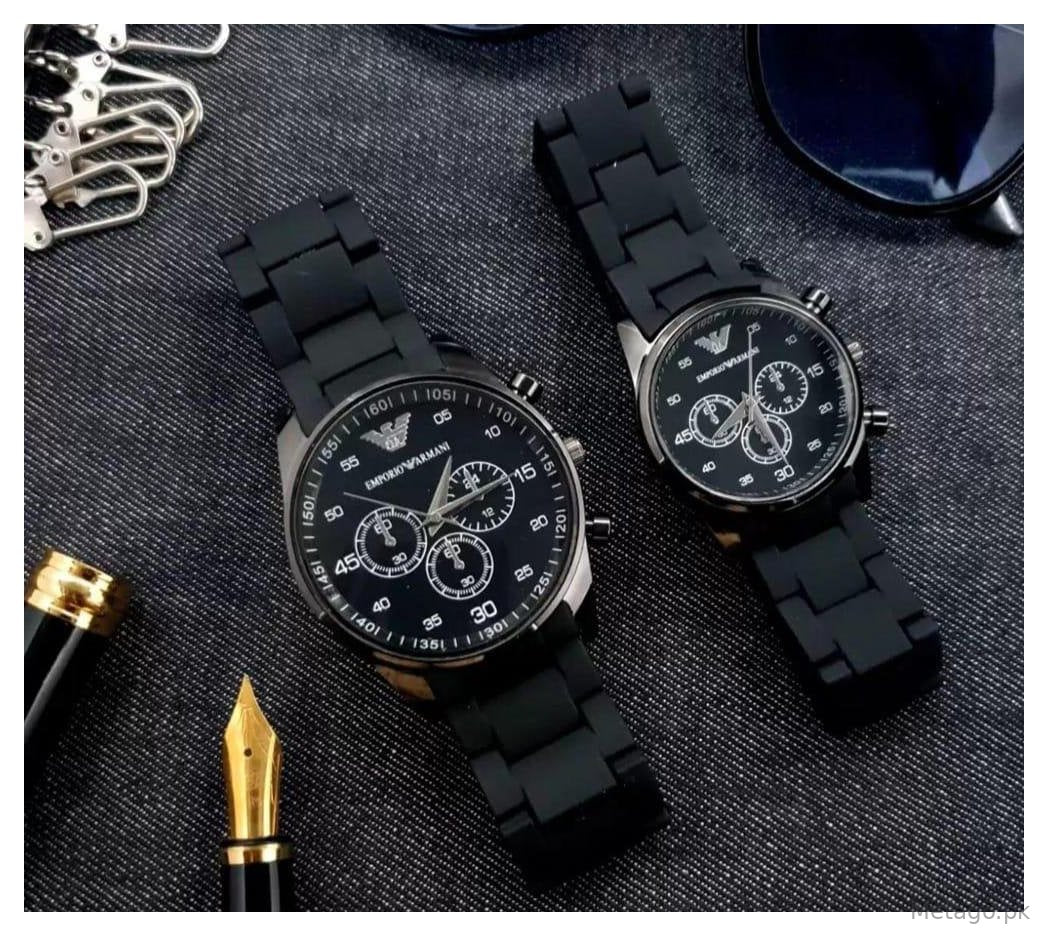 Unisex Chronograph Watch Set Stainless Steel Black Strap