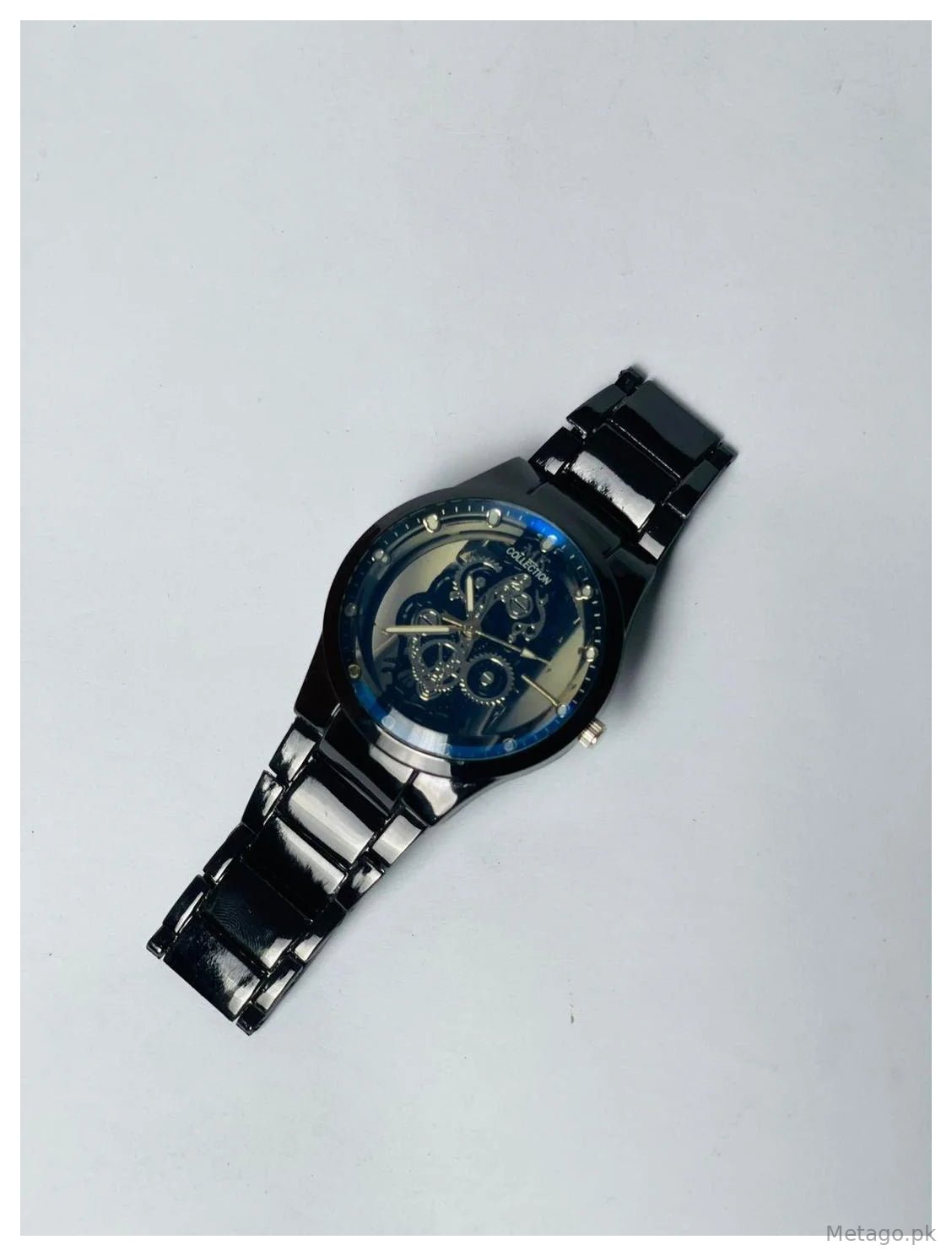 Men's Black Stainless Steel Skeleton Watch with Gears