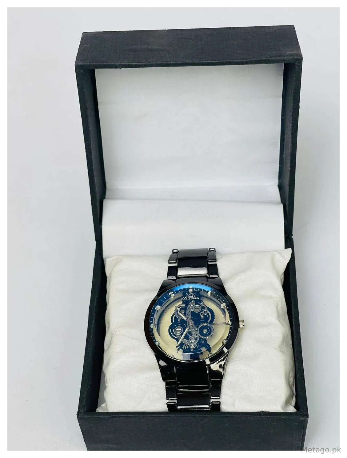 Men's Black Stainless Steel Skeleton Watch with Gears