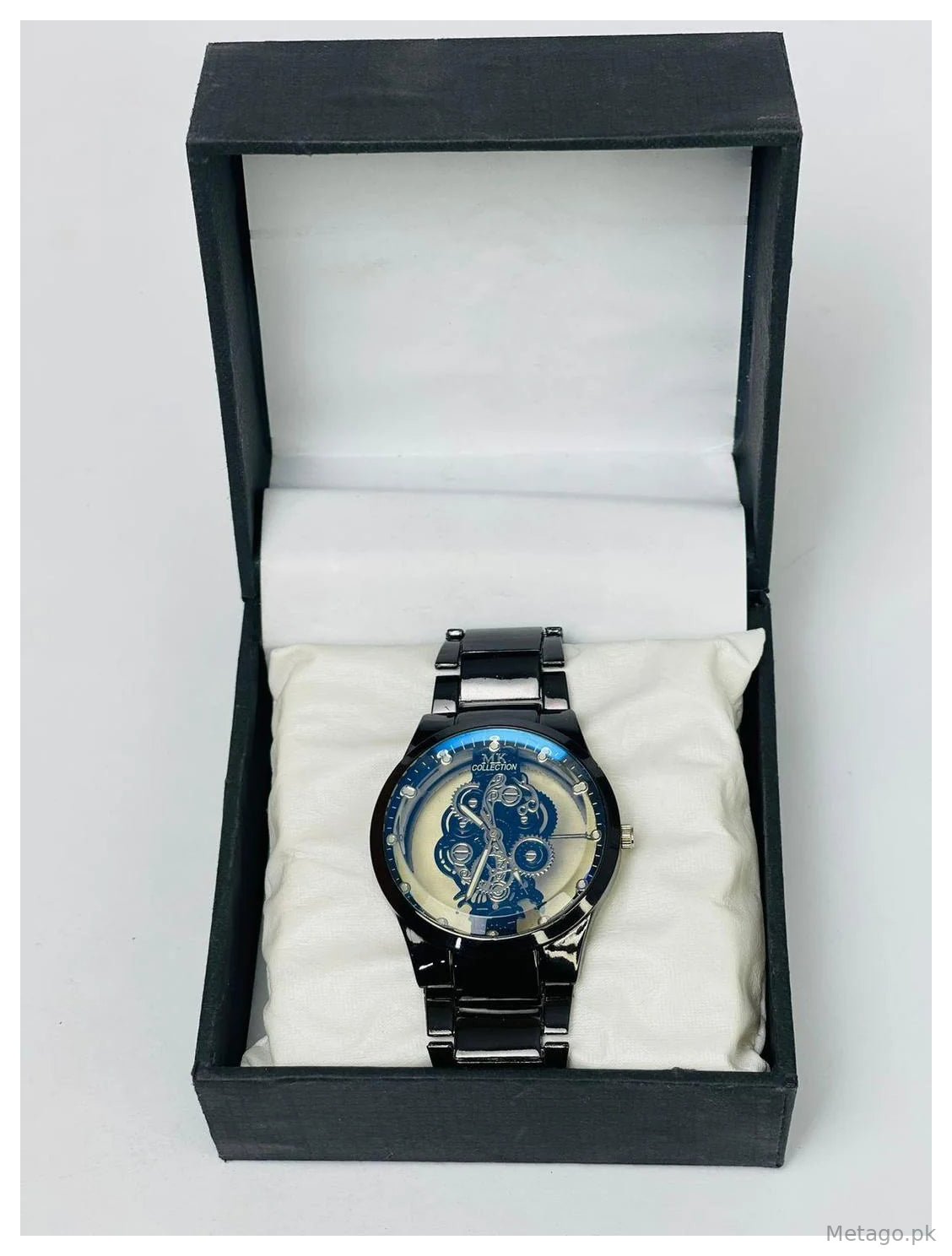 Men's Black Stainless Steel Skeleton Watch with Gears