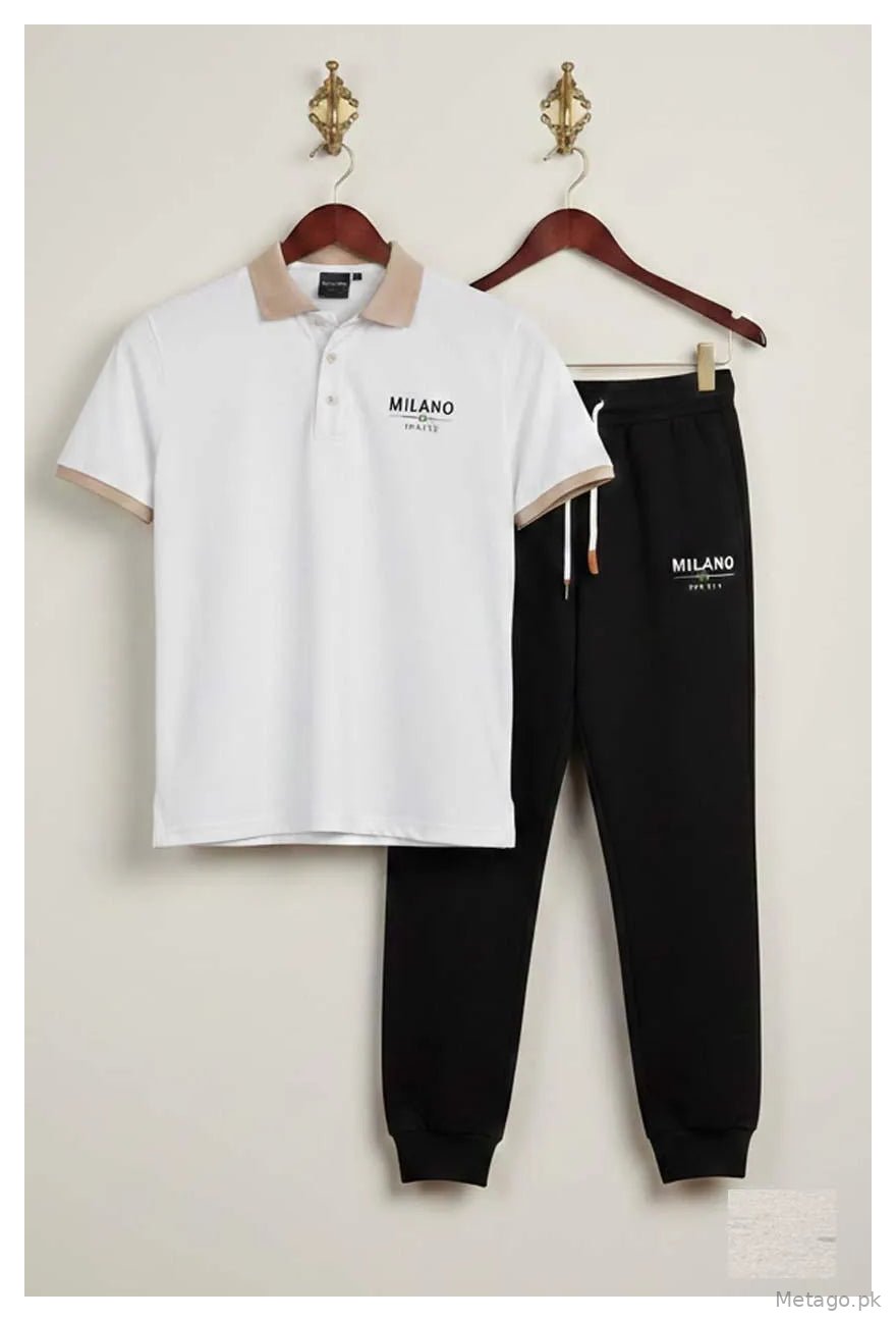 Men Printed Track Suit Set White Black MILANO Polyester