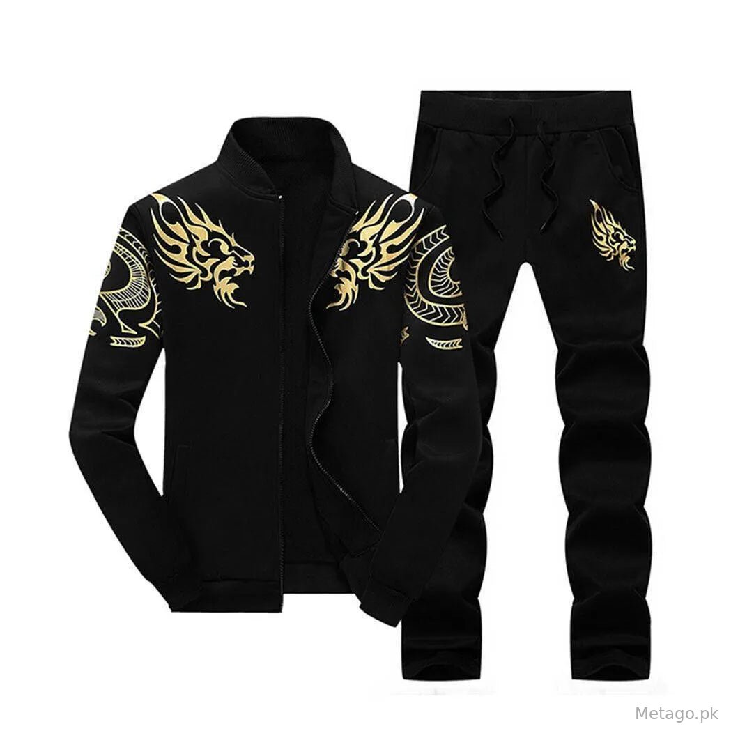 Men Black Fleece Track Suit with Golden Dragon Print 2Pcs