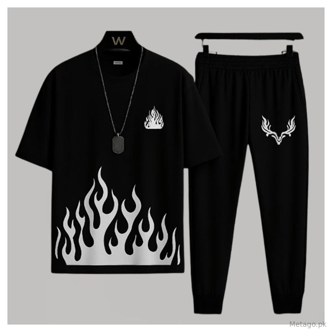 Men's Black Flame Print Micro Track Suit 2 Pcs