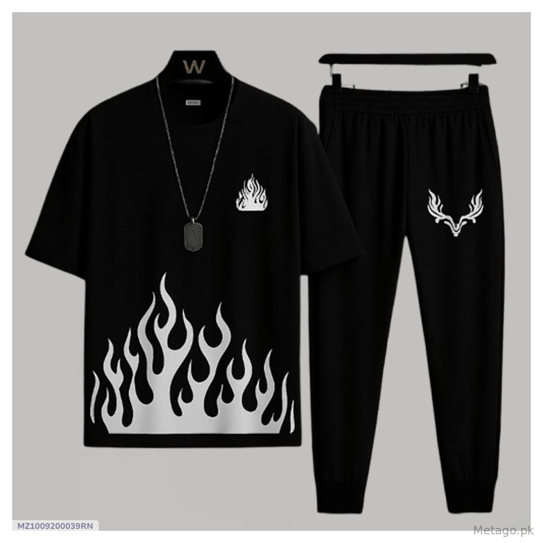 Men's Black Flame Print Micro Track Suit 2 Pcs