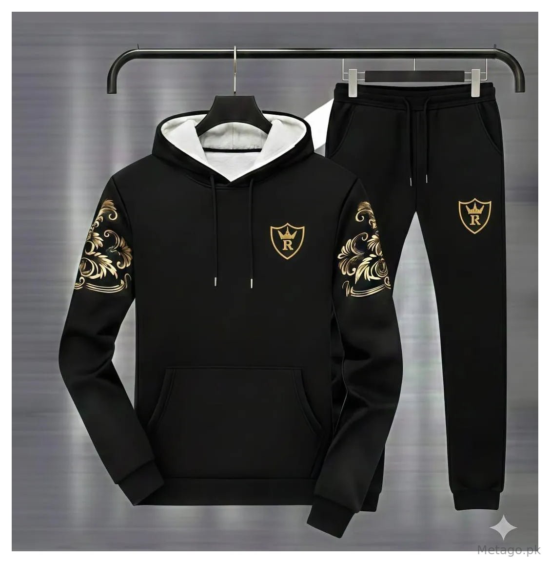 Men Black Royal Crest Hoodie Track Suit with Gold Floral Sleeves