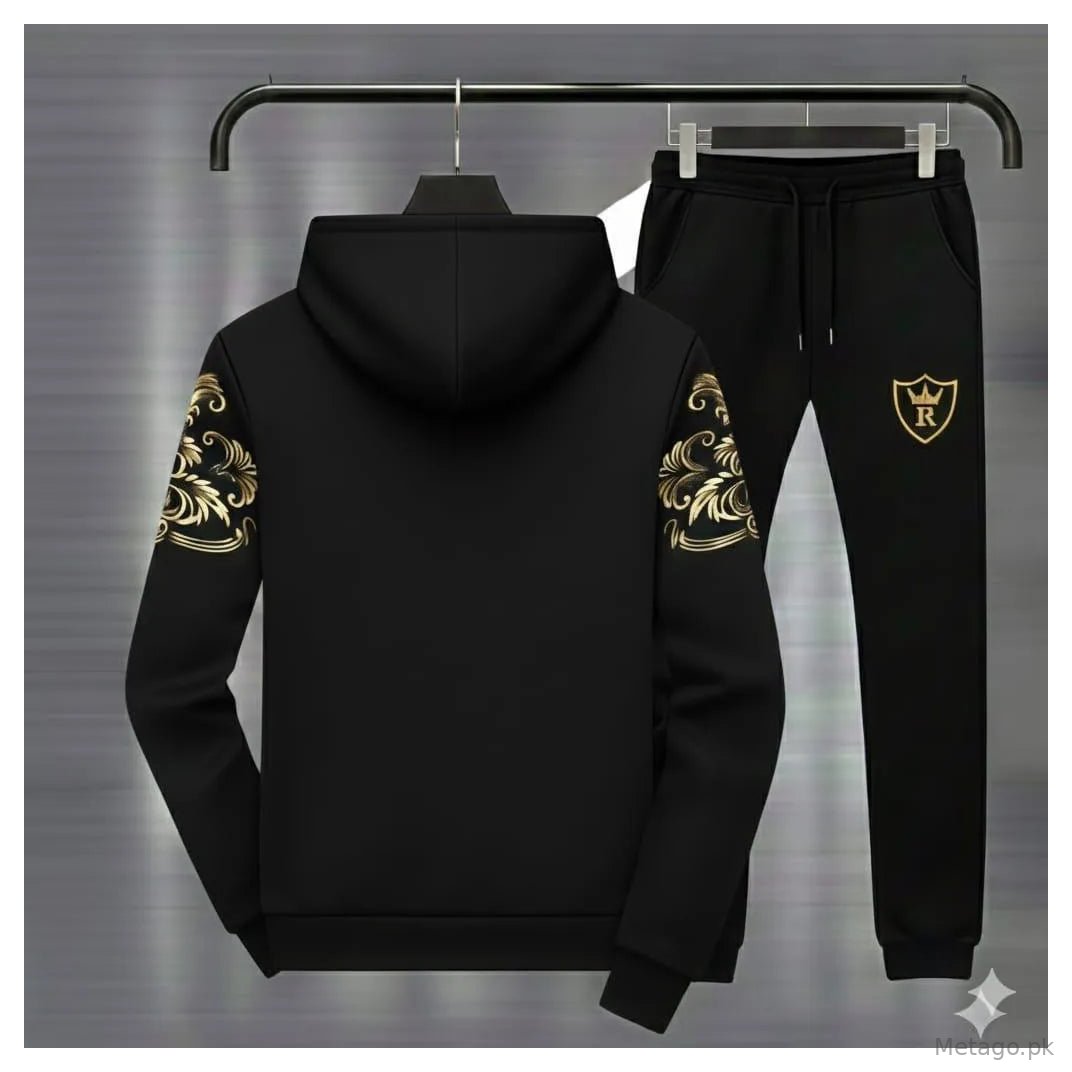 Men Black Royal Crest Hoodie Track Suit with Gold Floral Sleeves
