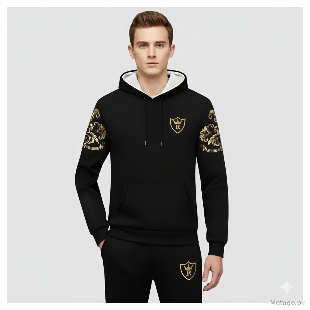 Men Black Royal Crest Hoodie Track Suit with Gold Floral Sleeves
