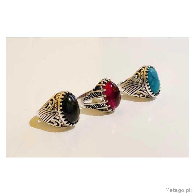 Turkish-Inspired Men's Ring Set of 3 Silver Plated Black Turquoise Red