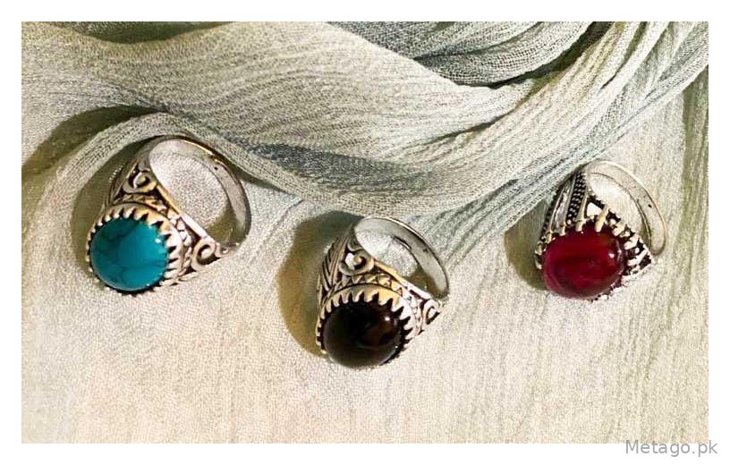 Turkish-Inspired Men's Ring Set of 3 Silver Plated Black Turquoise Red