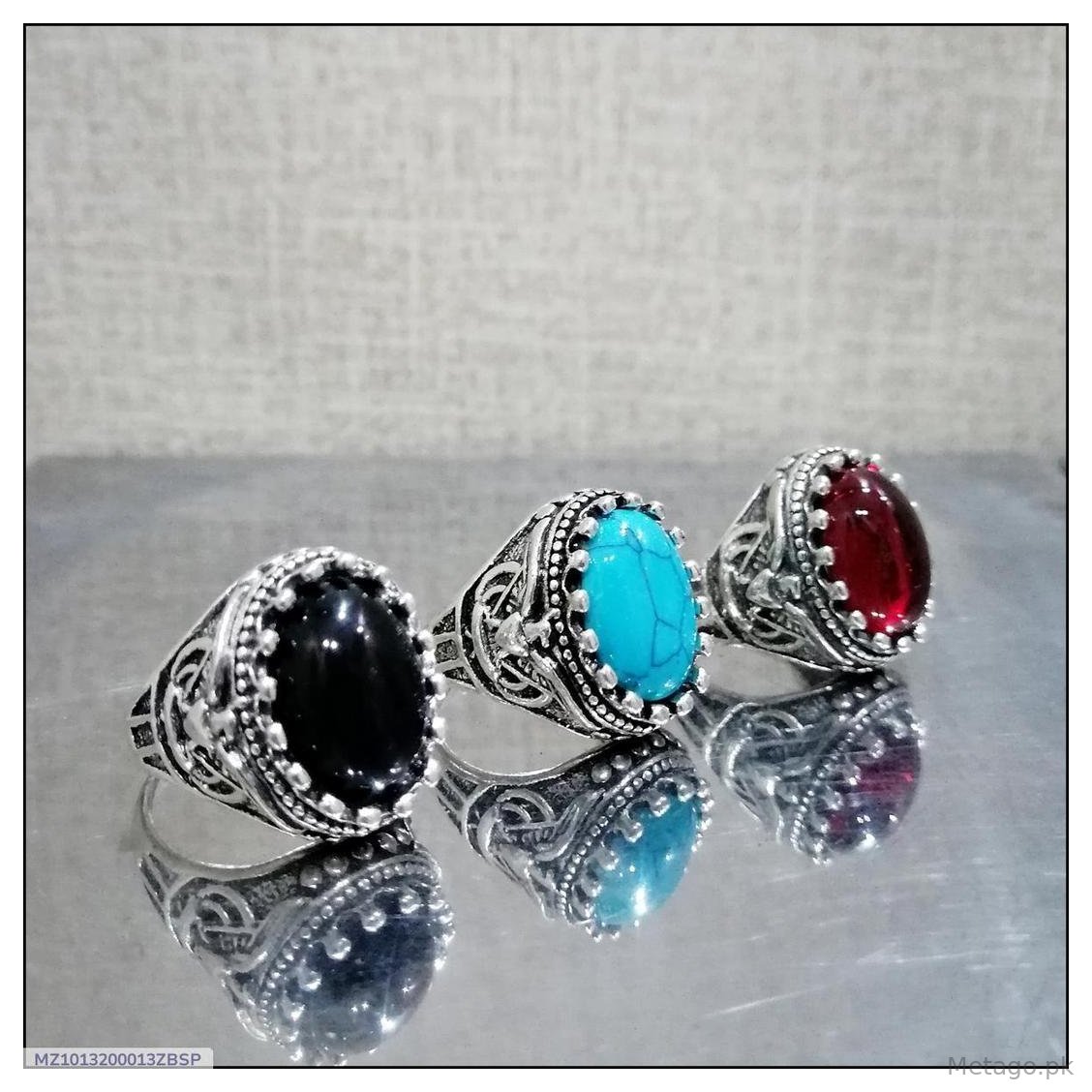 Turkish-Inspired Men's Ring Set of 3 Silver Plated Black Turquoise Red