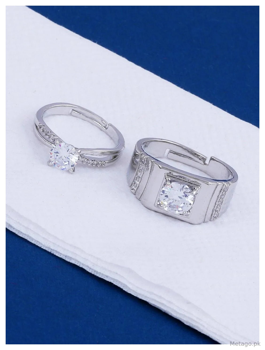 Silver Plated Crystal Couple Rings Set of 2 Adjustable