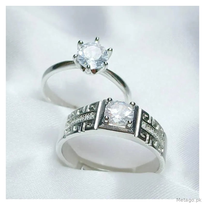 Silver Plated Crystal Couple Rings Set of 2 Adjustable