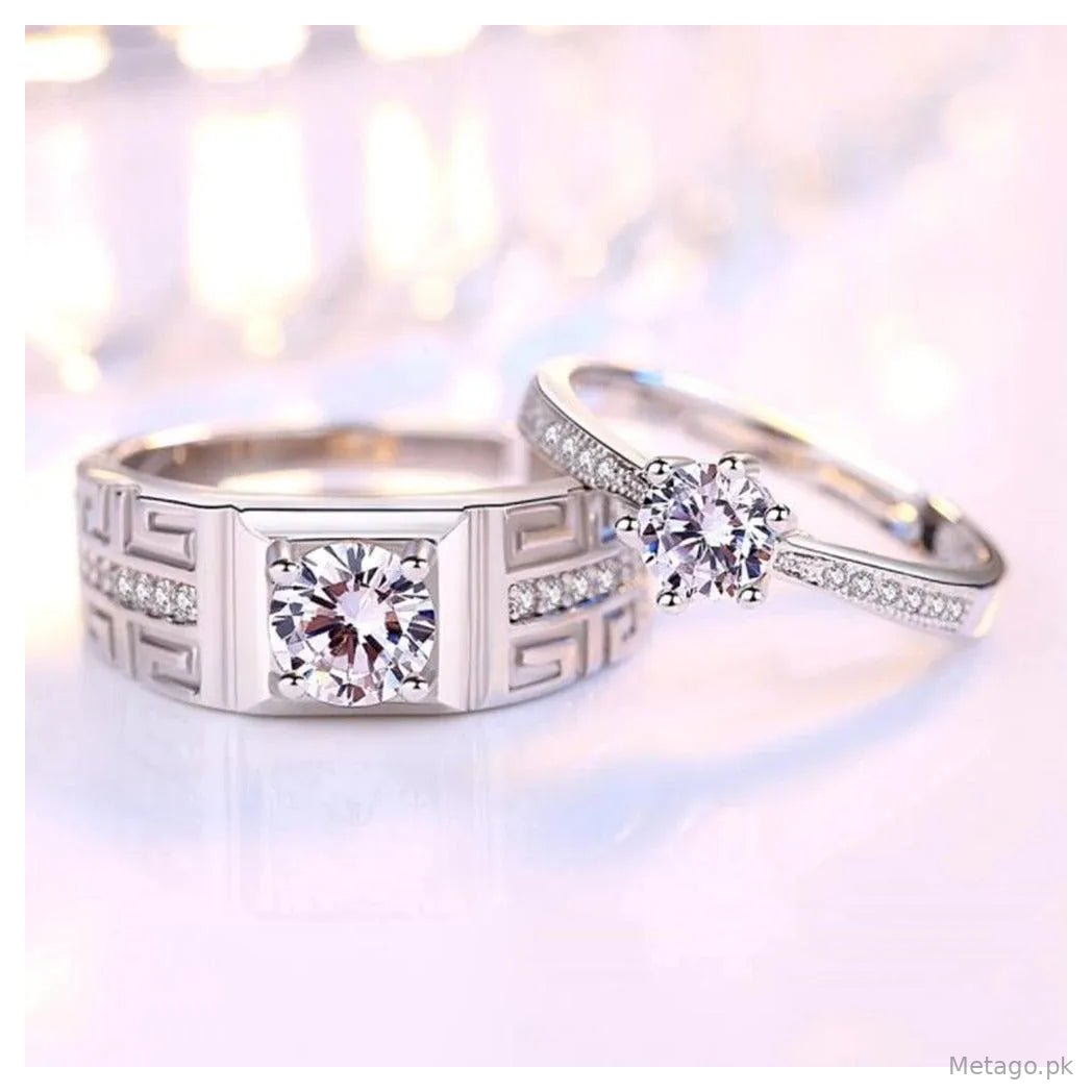 Silver Plated Crystal Couple Rings Set of 2 Adjustable