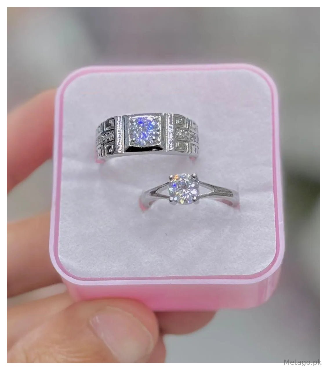 Silver Plated Crystal Couple Rings Set of 2 Adjustable