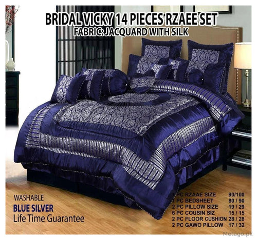 14-Piece Silk Jacquard Bridal Set Blue Silver