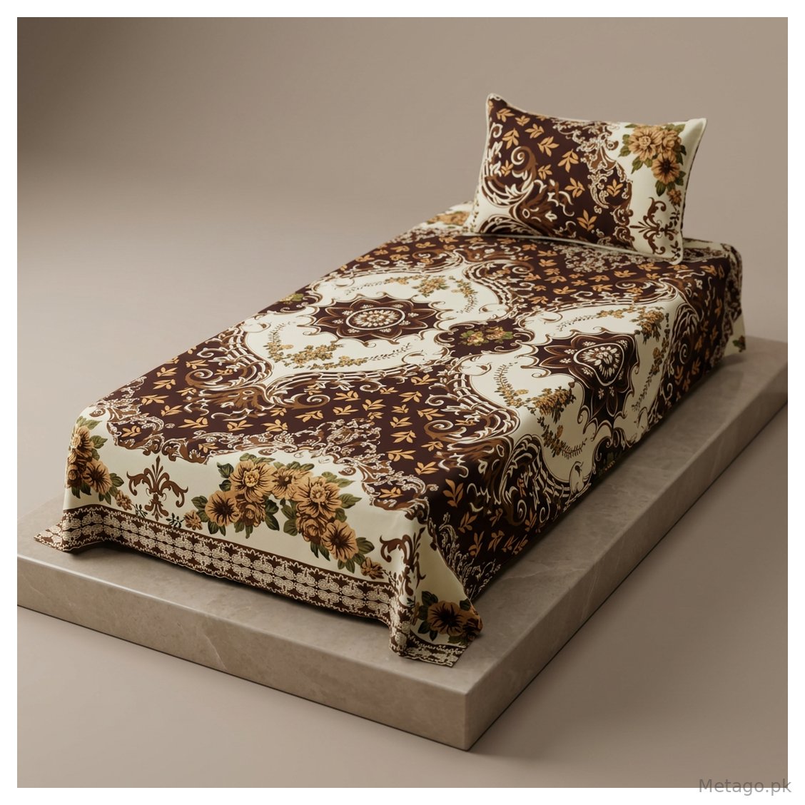 Single Bedsheet Set Crystal Cotton Floral Brown Cream Gold