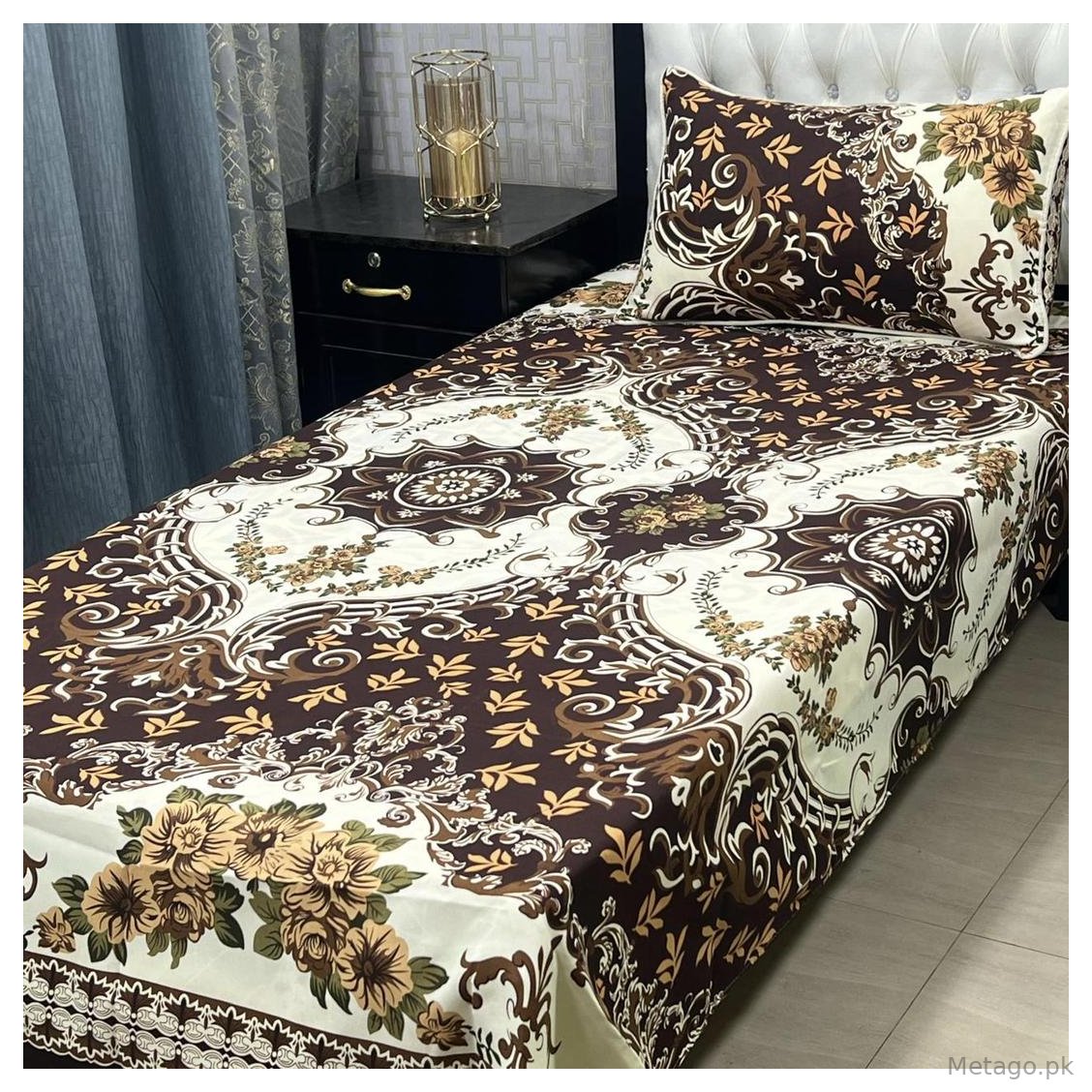 Single Bedsheet Set Crystal Cotton Floral Brown Cream Gold
