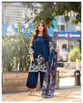 Navy Blue 3 Pcs Women's Stitched Linen Embroidered Suit