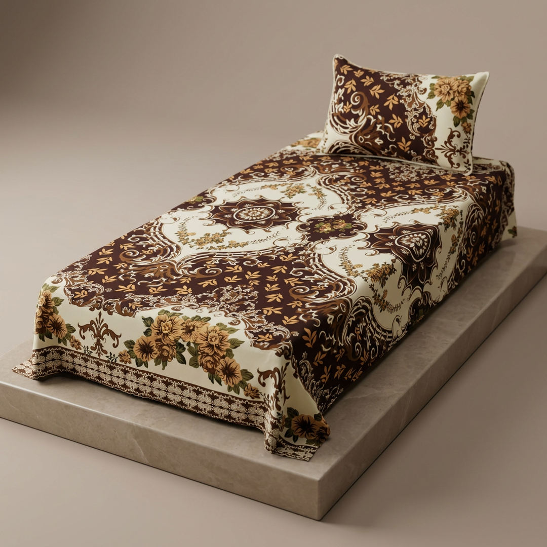 Single Bedsheet Set Crystal Cotton Floral Brown Cream Gold