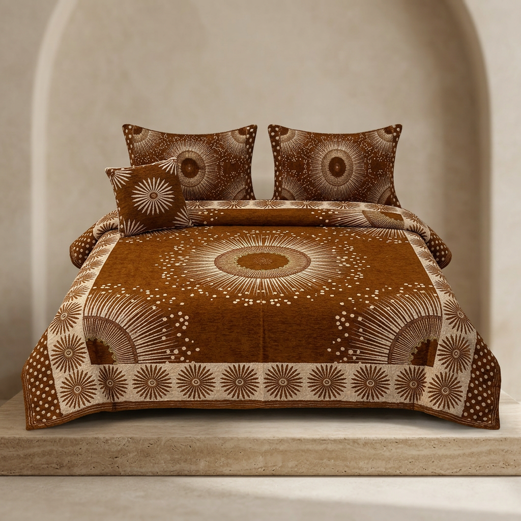 Brown Floral Quilted Bed Set with Pillow Covers