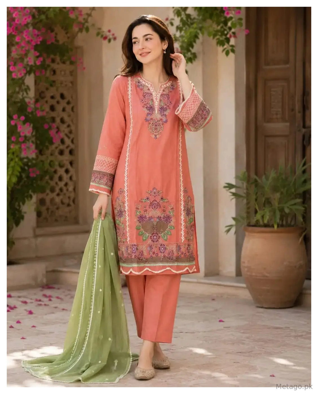 Pink valentina 3 Pcs Women's Stitched Linen Embroidered Suit